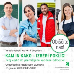 Iz leve prosi desni so naslikani učitelj, medicinska sestra, reševalec in frizerka. Vsi so nasmejani.